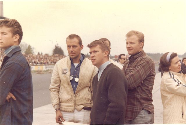 Ronnie Bucknum, center and Allan Grant, probably Le Mans '65. 